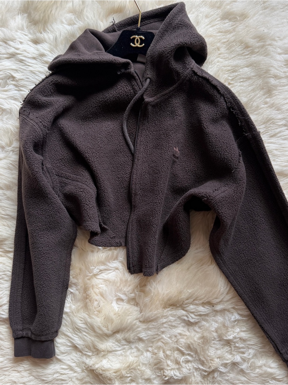 adidas Cropped Teddy Fleece Hoodie in Dark Brown